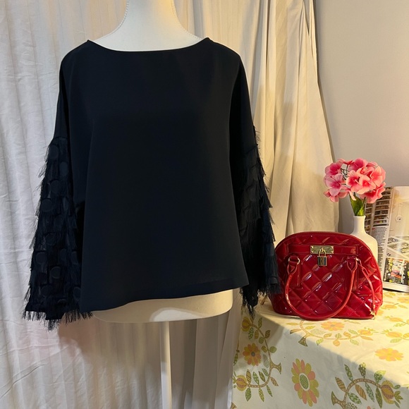 H&M Classy Feminine Summer Feather Shoulder Dark Blue See-Through Blouse - Picture 4 of 10